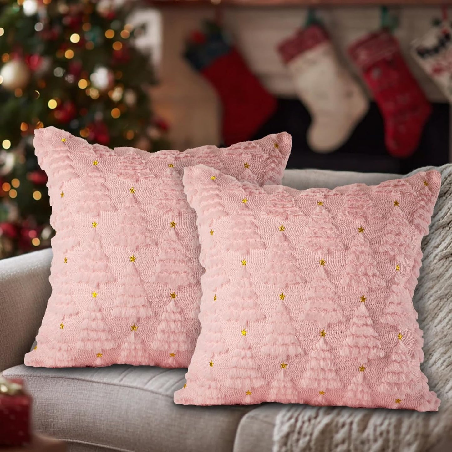Lanpn Christmas 18x18 Throw Pillow Covers Set of 2, Winter Star Christmas Tree Throw Pillow Cases Soft Plush Faux Fur Wool 18 x 18 Winter Cushion Cover for Indoor Home Bedroom Couch Sofa Decor (Pink)