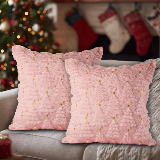 Lanpn Christmas 18x18 Throw Pillow Covers Set of 2, Winter Star Christmas Tree Throw Pillow Cases Soft Plush Faux Fur Wool 18 x 18 Winter Cushion Cover for Indoor Home Bedroom Couch Sofa Decor (Pink)