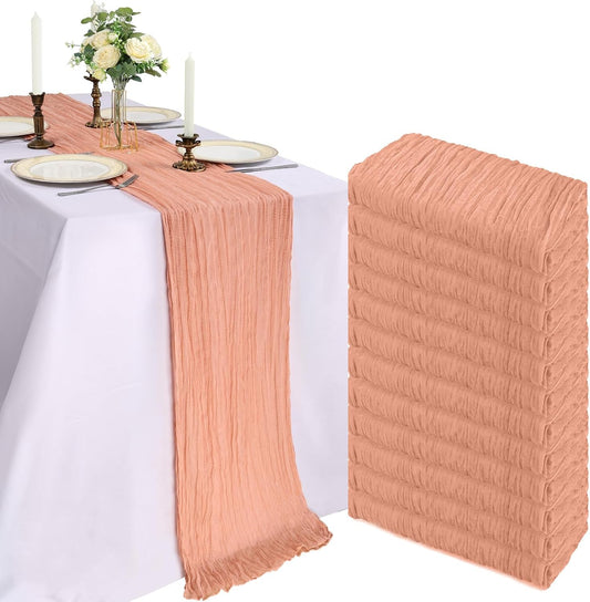 12 Pack 10FT Peach Cheesecloth Table Runner 120 Inch Long Gauze Rustic Boho Spring Cheese Cloth Table Runner Sheer Fabric Decorations for Holiday Party Wedding Banquet Bridal Baby Shower Décor