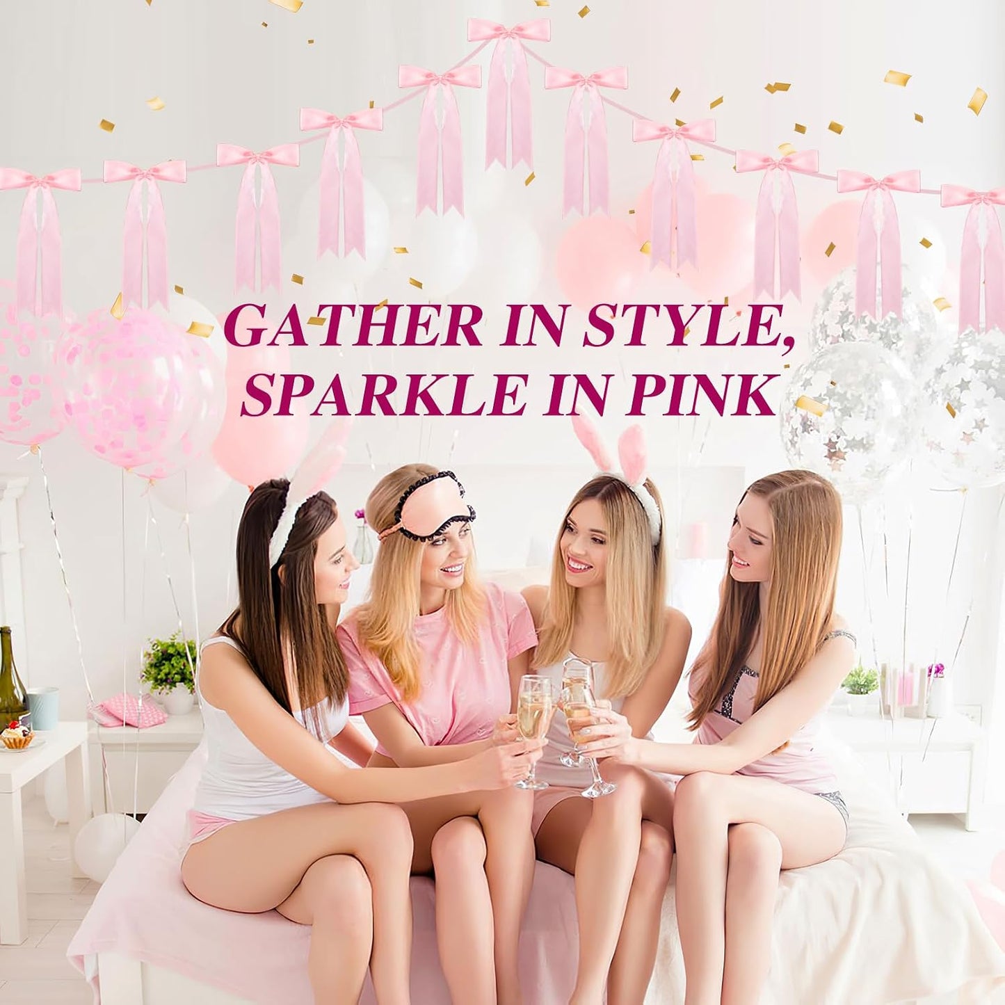 Pink Bow Garland for Party Decorations - 6.6ft x 2 Pre-Strung Hanging Banners for Coquette Birthday, Bridal Shower, Wedding, Engagement, Bachelorette, Women Girl Baby Shower Supplies
