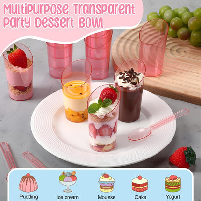 Newtay 50 Pcs 3oz Mini Slanted Dessert Cups with Spoons, Pink Ice Cream Cups for Graduation Party, Disposable Buffet Serving Bows for Birthday Wedding Brunch, Nuts Salad Snacks Yogurt