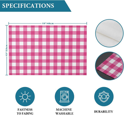 Peach Pink Checked Placemats Set of 4, Farmhouse Buffalo Plaid Country Grid Placemats for Dining Table, Place Mats for Kitchen Tabletop, Waterproof Wipeable Dining Table Mats Set