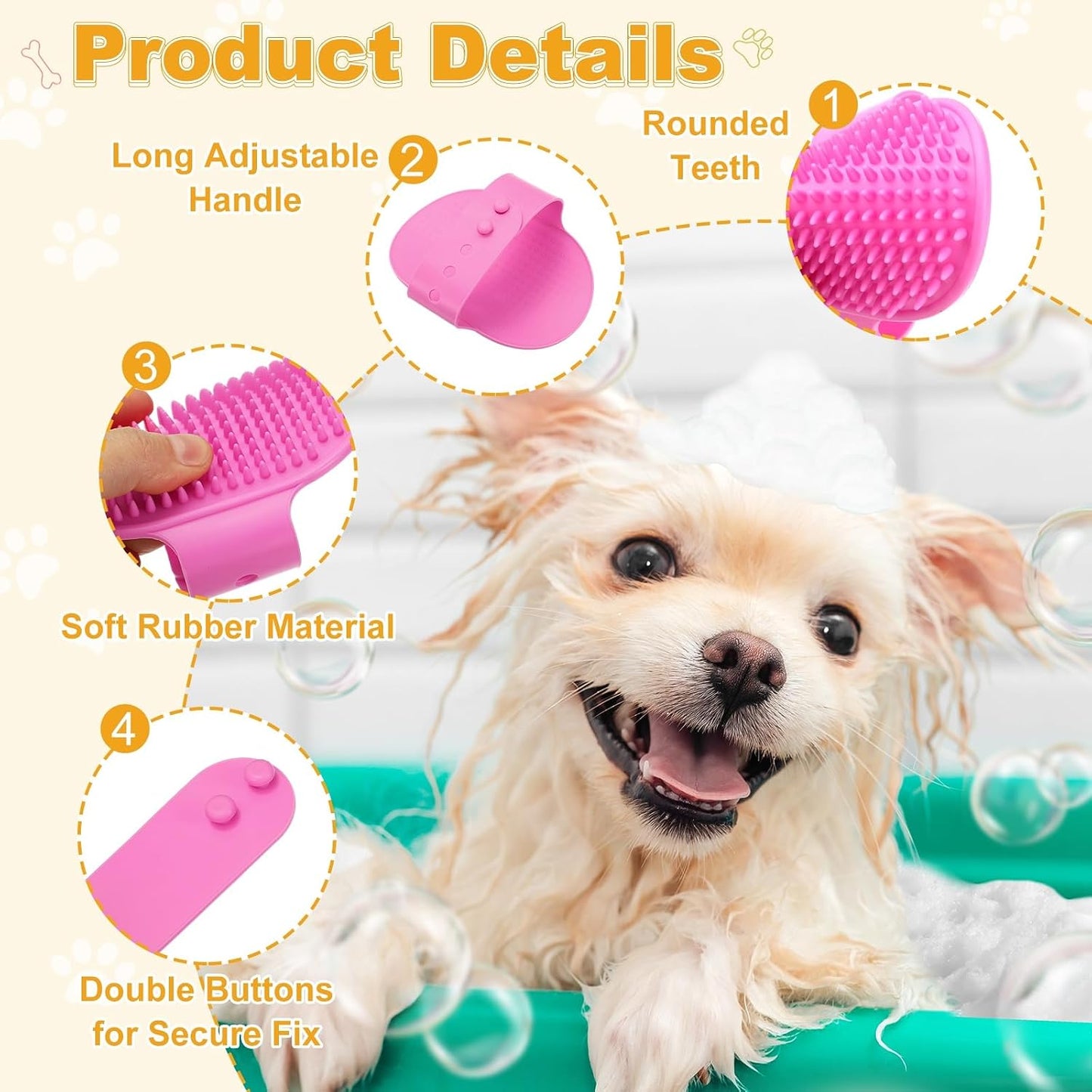 Dog Bath Brush, Silicone Pet Shampoo Brush with Adjustable Ring Handle Massage Scrubber Comb(2Pcs, Pink), for Long Short Hair Dogs and Cats Bathing Cleaning Shampooing