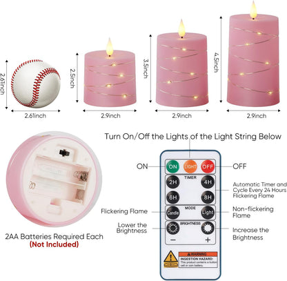 Raycare Easter Pink Flameless Candles with Remote Timer, Flickering Battery Operated LED Pillar Fake Candle with String Lights for Home Decor, Christmas, Wedding and Gift, Set of 3
