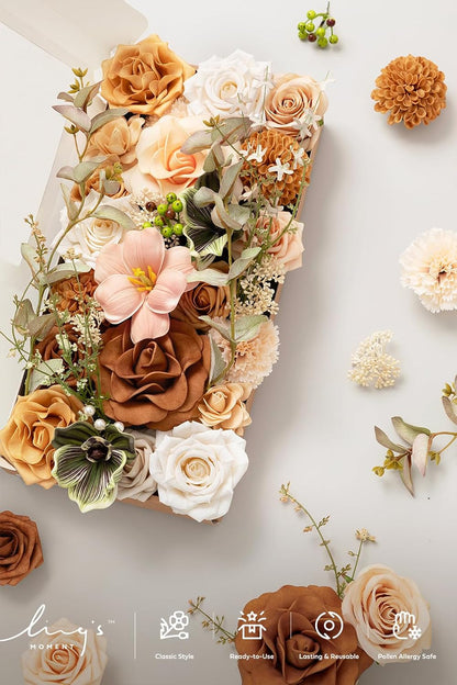 Ling's moment Fake Flowers Box, Faux Artificial Greenery Stems Foam Roses Dahlia Gardenia Tulip Silk Carnation Fabic Flower for Centerpieces Bouquet Wedding Vase, Apricot & Peach, Deluxe Combo