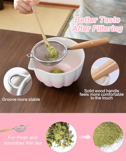 Matcha Whisk Set, 7 Pcs, Matcha Kit Includes Matcha Bowl, Matcha Whisk and Holder, Bamboo Scoop, Spoon, Sifter and Tea Towel, Matcha Set, Gift for Matcha Lovers & Beginners (Gradient Pink)