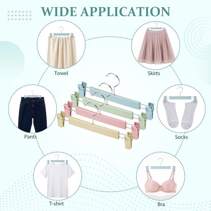Novabright 12 Pack Pastel Pants Skirt Hangers with Clips Pink Blue Green Yellow Non-Slip Adjustable Hangers Plastic 360° Swivel Hook Space-Saving Trousers Shorts Closet Organizer for Top and Bottom