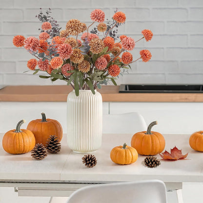 Geegoods Fall Faux Pompon Mum Flowers – 10 Stems, 21” Long Burnt Orange Brown Pink Orange Artificial Flowers with 2 Eucalyptus Stem for Vase, Rustic Autumn Centerpieces & Fall Home Décor