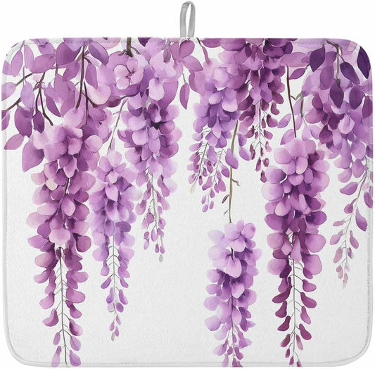 Dish Drying Mat Wisteria Floral Drying Mat for Kitchen Counter Light Pink Leaf Dish Pads Absorbent Microfiber Machine Washable 16 x 18 Inches