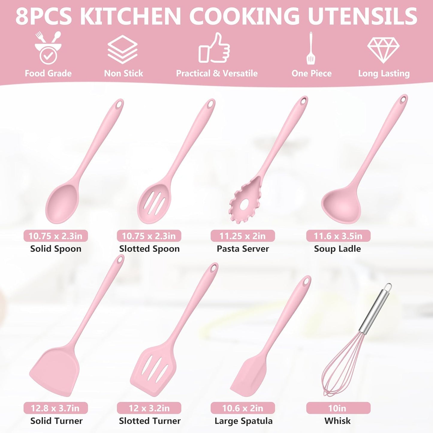 TeamFar Silicone Cooking Utensils Set, 8 PCS Kitchen Utensils Set, 446°F Heat Resistant, Turner, Spatula, Spoon, Whisk, Kitchen Cooking Gadgets Tools for Nonstick Cookware, Dishwasher Safe-Pink