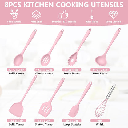 TeamFar Silicone Cooking Utensils Set, 8 PCS Kitchen Utensils Set, 446°F Heat Resistant, Turner, Spatula, Spoon, Whisk, Kitchen Cooking Gadgets Tools for Nonstick Cookware, Dishwasher Safe-Pink