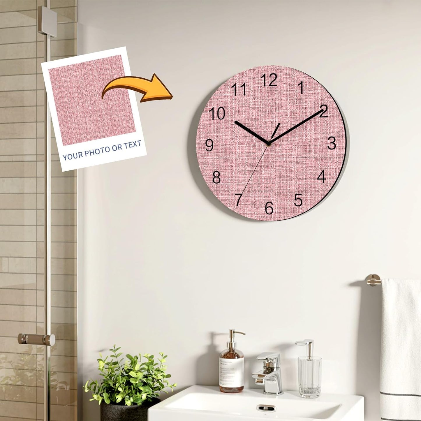 Coral Pink Linen Weave Wall Clock Battery Operated Non-Ticking 12" Round Wood Clocks, Soft Pastel Texture Kitchen Wall Clock for School Bathroom Living Room Home Office Wall Decor