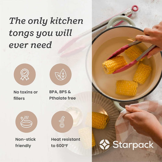 Starpack Get a Grip Silicone Kitchen Tongs (2-Pack, 9" + 12") - LFGB Non Toxic, 600°F Heat Resistant, BPA-Free - Heavy-Duty Stainless Steel, Locking - Dishwasher Safe for Nonstick Cookware Earthy Pink