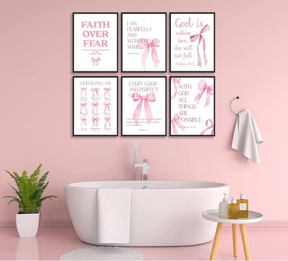 6Pcs Pink Christian Wall Art Inspirational Verse Posters Print Cute Coquette Bow Canvas Pictures for Girls Room Dorm Bathroom Bedroom Wall Decor 8x10In Unframed