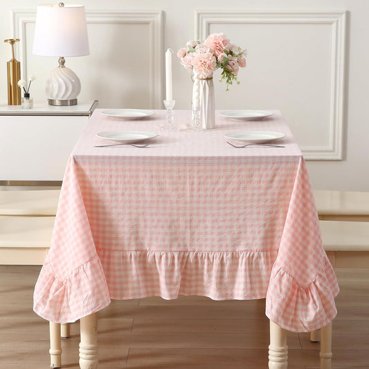 Blush Plaid Ruffled Table Cloth for Rectangle Table Seat 4-6, 100% Washed Cotton Classic Cottage Coquette Checker Gingham Vintage Decorative Tablecloth - 70"x52"