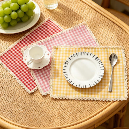 vctops 4 PCS Gingham Plaid Rectangle Placemats for Dining (Pink,12"x16") | Farmhouse Checkered Scalloped Wavy Edge Table Mat Washable Placemat for Hotel Restaurant Kitchen Tea Party Decor