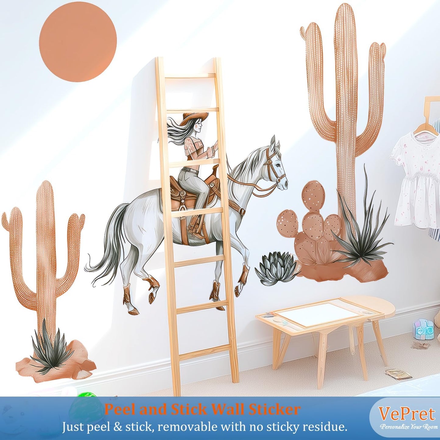 Cowgirl Horse Wall Decals Peel and Stick - Boho Cactus Sun Western Girl Riding Horse Vinyl Sticker Mural for Kids Room, Nursery, Bedroom - Desert Safari Animal Theme Removable Wall Art Mural