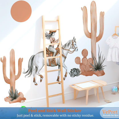 Cowgirl Horse Wall Decals Peel and Stick - Boho Cactus Sun Western Girl Riding Horse Vinyl Sticker Mural for Kids Room, Nursery, Bedroom - Desert Safari Animal Theme Removable Wall Art Mural