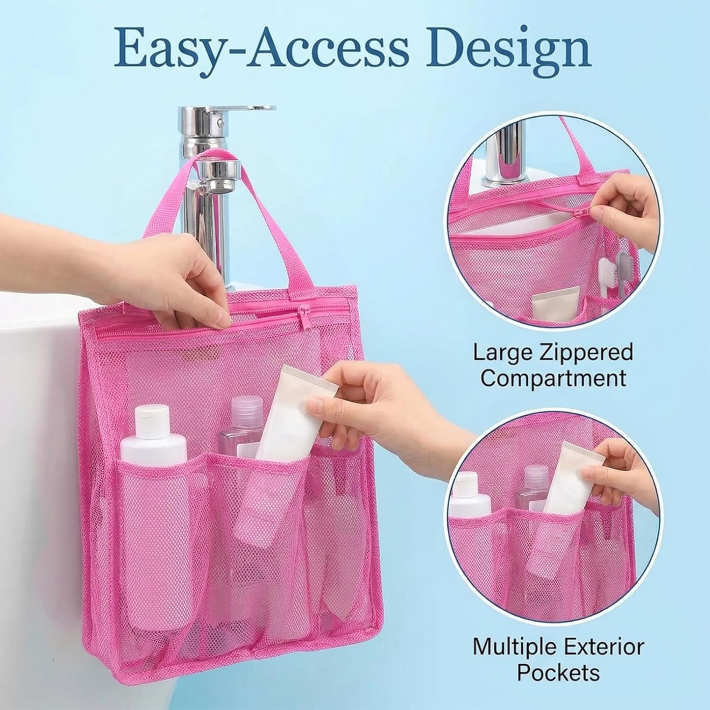 Small Shower Caddy, Portable Pink Mesh Shower Bag, Bathroom Showers Caddy for Gym, Travel, Toiletry, Camp, Swimming (11.8x10x3.5in)