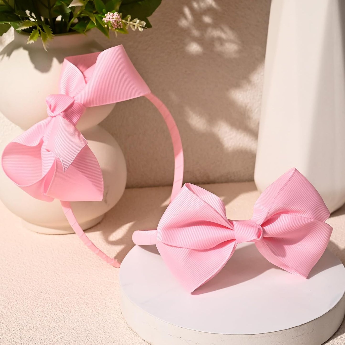 DEEKA 2 PCS 4" Light Pink Bow Headband Grosgrain Ribbon Hair Bows Hair Band Accessories Set of 2 -Light Pink