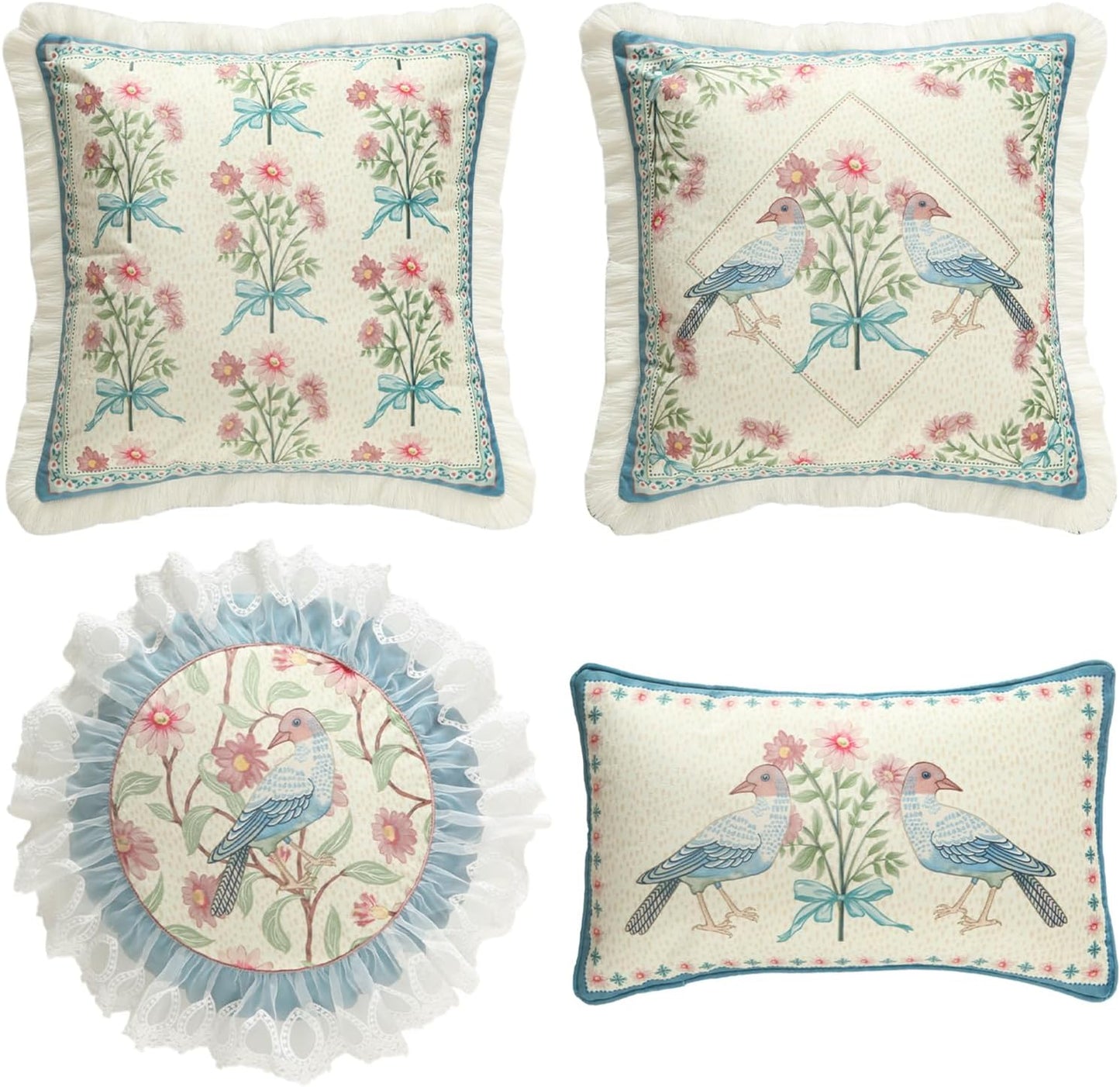 patdrea Designer French Country Velvet Throw Pillow Cover,Elegant Blue Pink Small Floral Collection Pattern,Decorative Lumbar Pillowcases Cushion for Bed Living Room Outdoor Car,Pack of 4