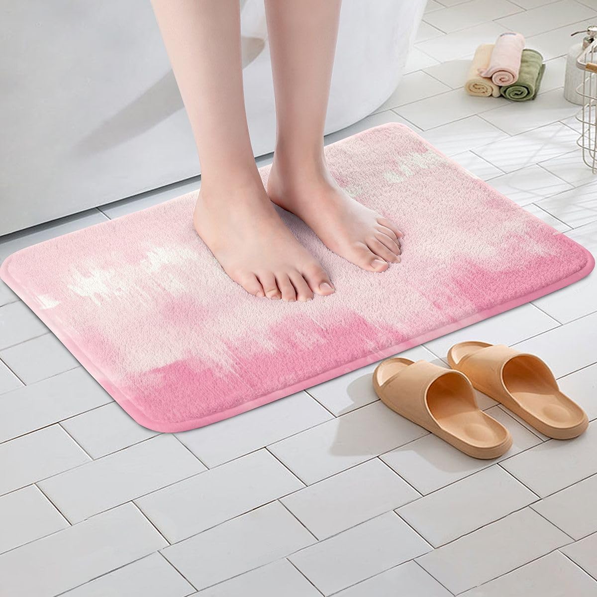 Feelyou Pink Abstract Stripe Bathroom Rugs Geometric Bath Mats Microfiber Modern Striped Art Bathroom Accessories Luxury Floor Doormats Non-Slip 20"x32" Soft