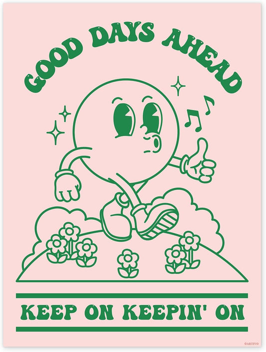 Retro Poster Wall Art Print, Retro Aesthetic Room Decor, Positive Quote Good Days Ahead Art Print, Pink Green Pastel Vintage Nostalgia Poster 12x16 inches