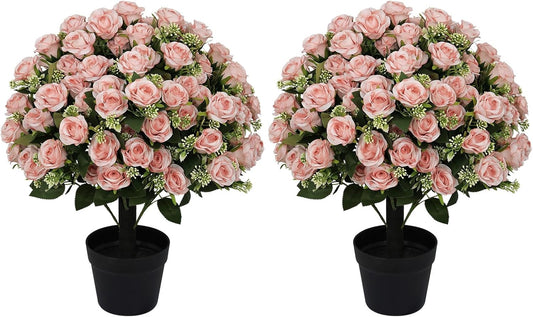 24” Artificial Flowers for Outdoors, Set of 2 Realistic Faux Pink Roses in Cement Pots, UV Resistant Fake Plants Look Real for Front Porch, Entryway & Indoor Spring Decor