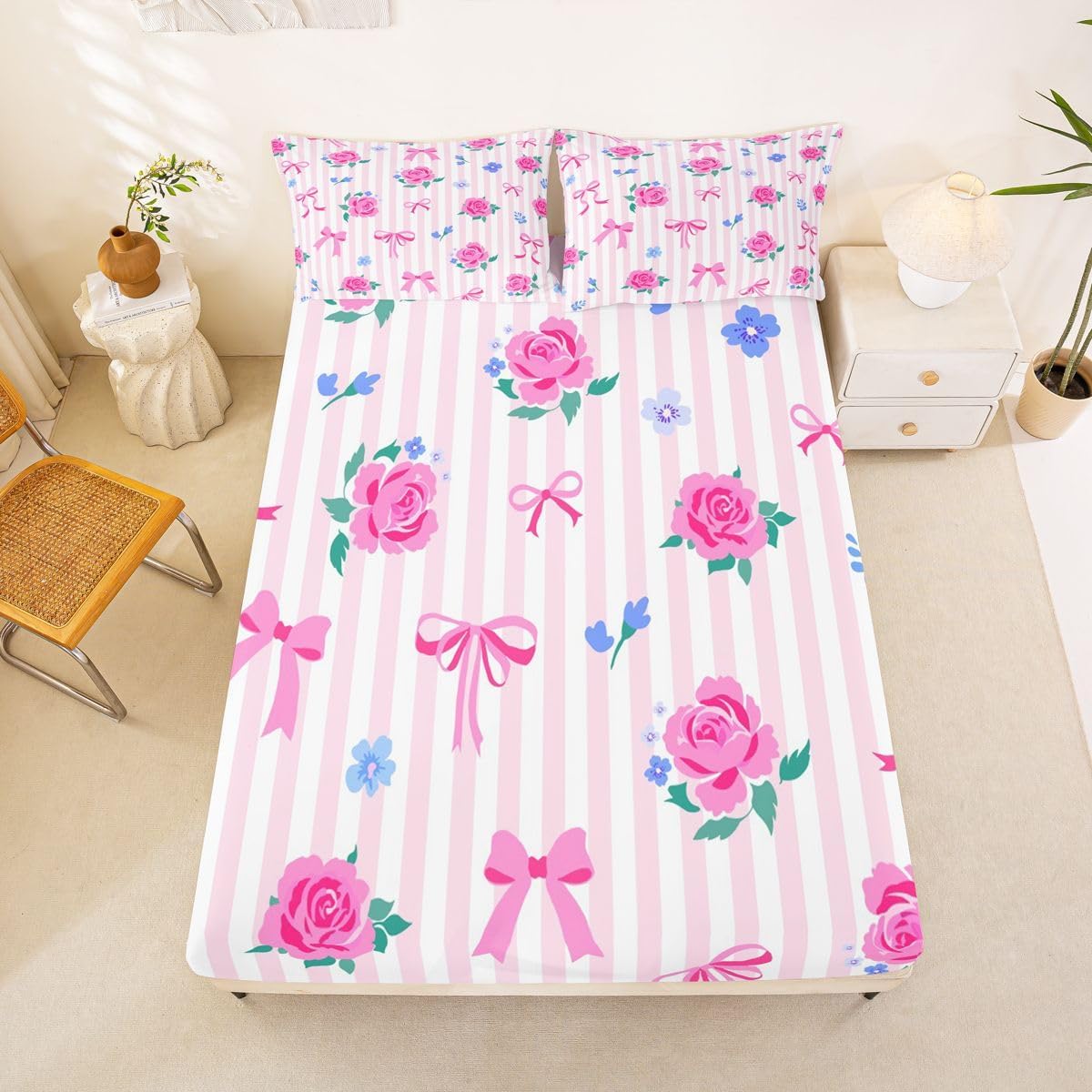 Feelyou Cute Bow Bed Sheets Set Queen Size Romantic Rose Flower Deep Pocket Fitted Sheet Bow Tie Striped Bedding Sets Soft Bed Set 4Pcs with 2 Pillow Cases