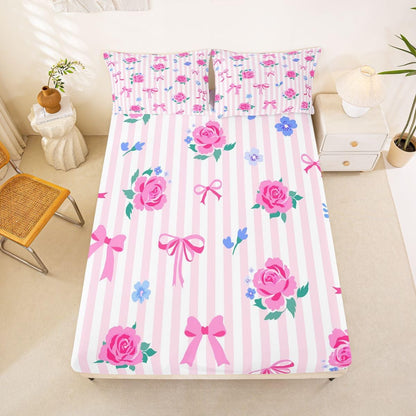 Feelyou Cute Bow Bed Sheets Set Queen Size Romantic Rose Flower Deep Pocket Fitted Sheet Bow Tie Striped Bedding Sets Soft Bed Set 4Pcs with 2 Pillow Cases
