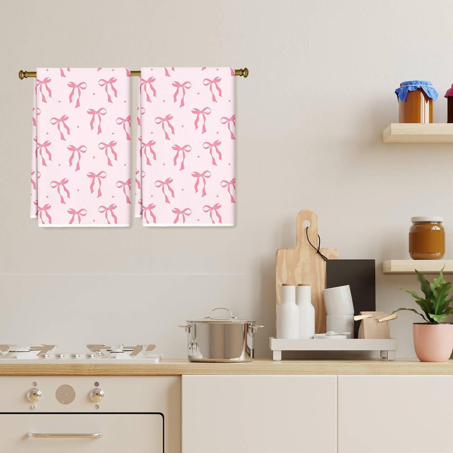 JarThenaAMCS Pink Bow Kitchen Towel Cute Bowknot Dish Towel 18 x 28 Inch Hand Drying Tea Towel for Valentine's Day Bathroom Decor Cooking Baking Party Supplies, 2 Pcs
