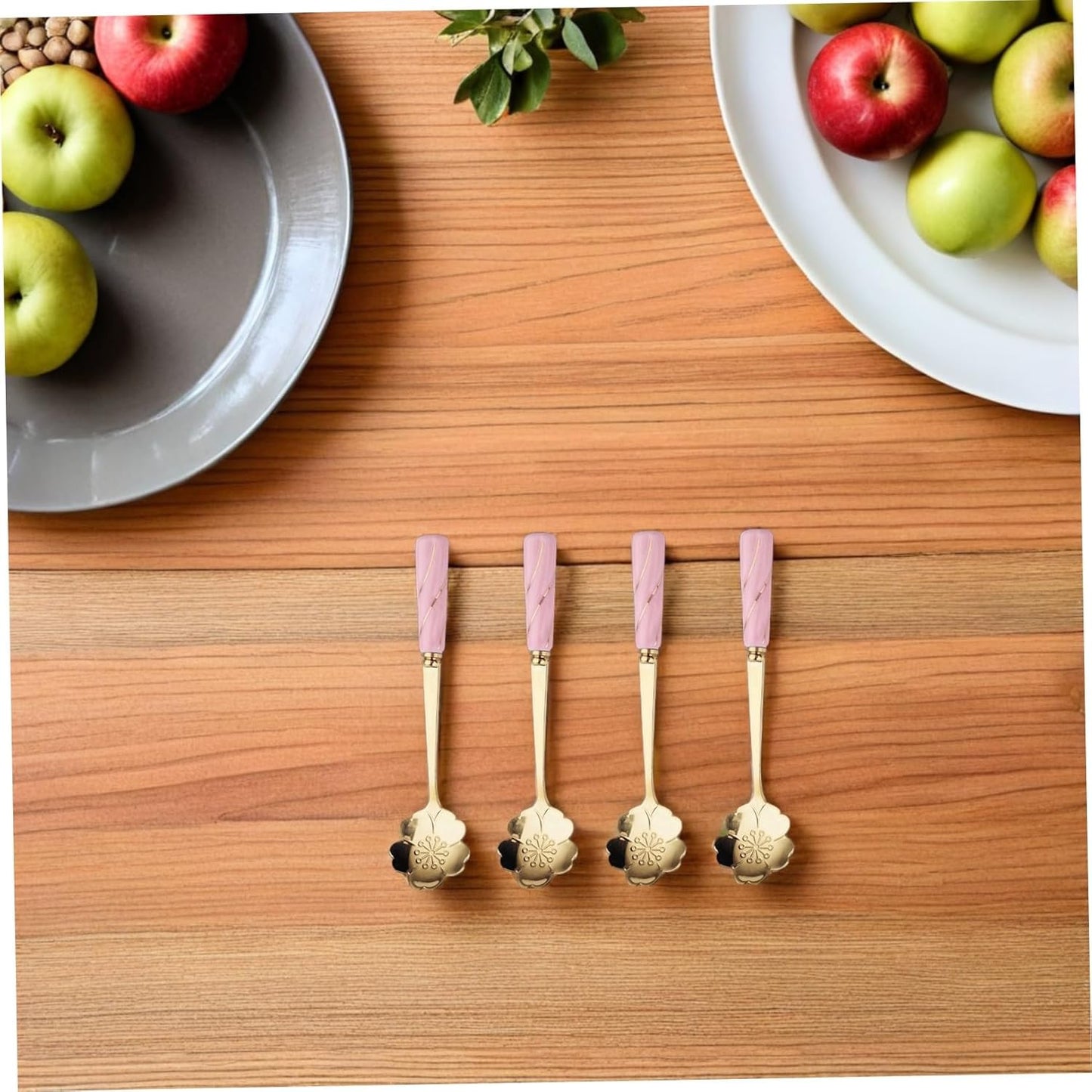 Healifty 4pcs Dessert Spoons with Ceramic Flower Handles Practical Cake and Coffee Spoons Elegant Rounded Handle Design for Home Coffee Shops and Bars Pink Gold