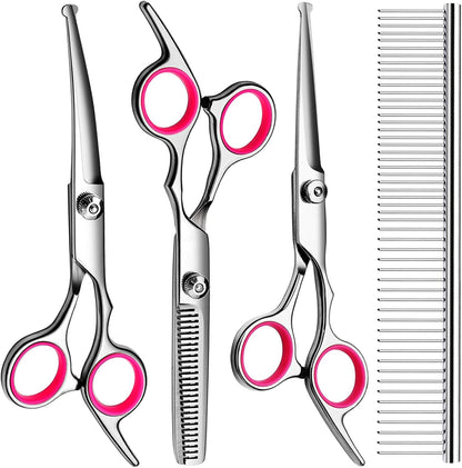 FAIGEO Dog Grooming Scissors Kit, Premium Stainless Steel Dog Shears with Curved Shears, Sharp Durable for Dogs Cats+Pink 4 Piece