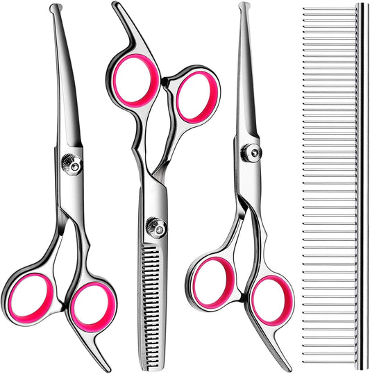 FAIGEO Dog Grooming Scissors Kit, Premium Stainless Steel Dog Shears with Curved Shears, Sharp Durable for Dogs Cats+Pink 4 Piece