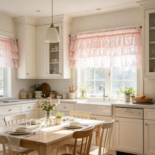 Gxi Pink Lace Ruffled Sink Curtain，Floral Embroidered Sheer Tier Curtain for Bathroom Vanity, Farmhouse Under Sink Skirt with Rod Pocket, Light Filtering Half Curtain for Kitchen, Nursery 2 Panels