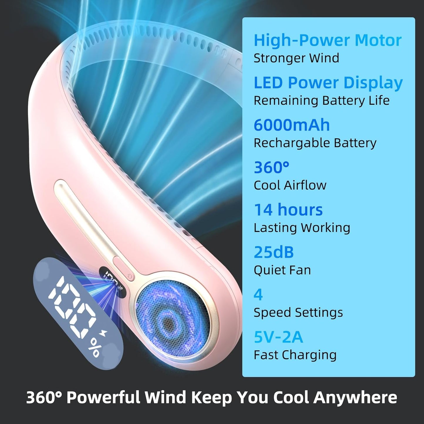 Portable Neck Fan, Personal Wearable Bladeless Fan, 6000mAh USB Rechargeable, 360° Cooling, LED Display, 4-Speeds, Hands Free Fan for Outdoor Indoor, Birthday Gifts for Men Women Dad Mom (Pink)