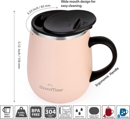 GRANDTIES Insulated Coffee Mug with Handle - Sliding Lid for Splash-Proof 16 oz Wine-Glass Shape Thermal Tumbler with Double Walled Vacuum Stainless Steel to Keeps Beverages Hot or Cold (Peach Crème)