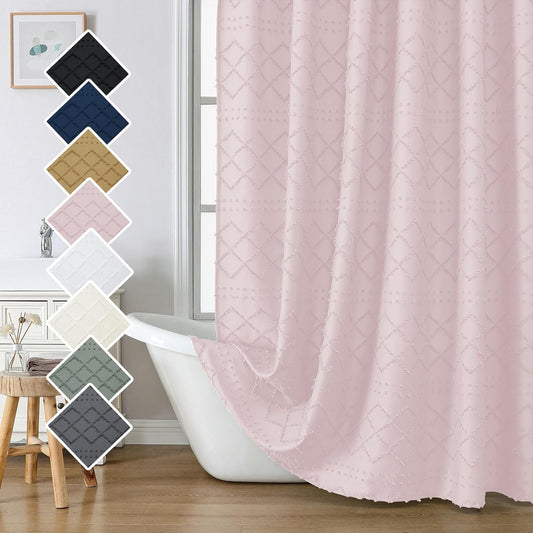 Lecloud Blush Pink Fabric Shower Curtain 72x72 Inches, Clip Jacquard Minimalist Cloth Shower Curtain for Bathroom, Chic Tufted Plaid Striped Boho Fabric Shower Curtain for Hotel