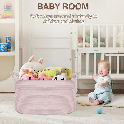 YOUDENOVA Large Blanket Basket, Pink Rectangle Cotton Rope Storage Basket, Nursery Laundry Hamper for Storage Clothes Organizing，21.6''×14.9''×11.8'' Woven Basket for Living Room