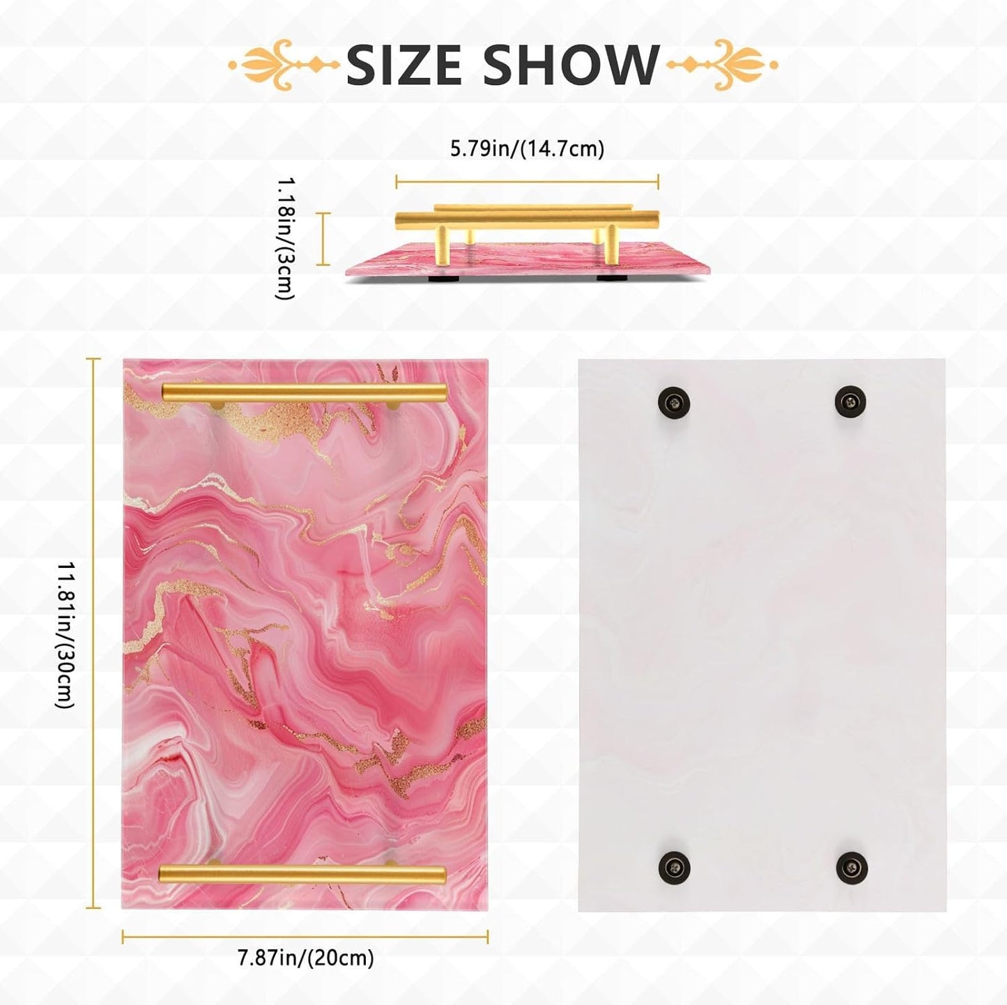 Peach Marble Decorative Dinner Trays with Handles Drink Serving Tray for Jewelry Perfume for Coffee Tables, Office