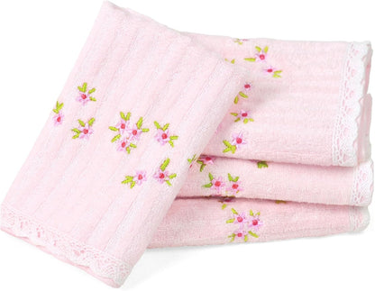 Jacquotha Pink Washcloths 4 Pack (Floral Embroidered), Soft Wash Cloths for Face, Body, Showering, Spa & Bathroom Decor, 13” x 13"
