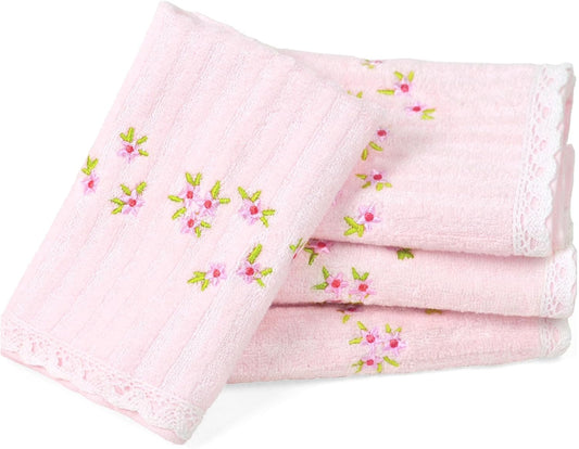 Jacquotha Pink Washcloths 4 Pack (Floral Embroidered), Soft Wash Cloths for Face, Body, Showering, Spa & Bathroom Decor, 13” x 13"
