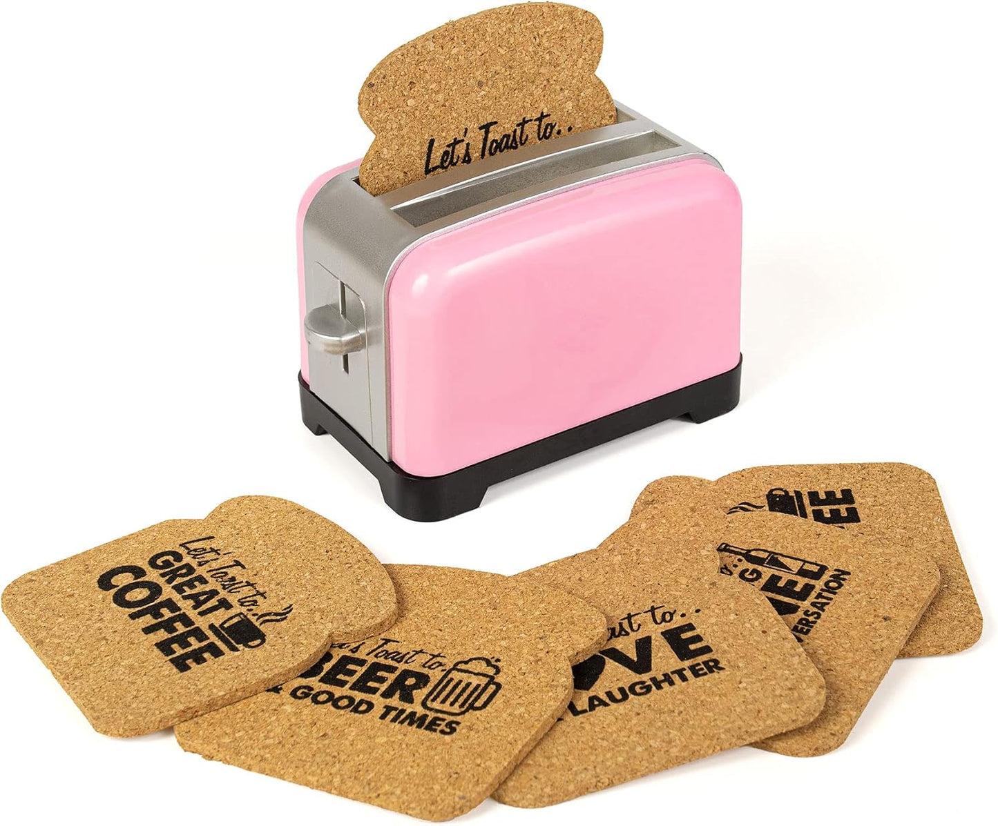 Toaster Coaster, Set of 6 Cork Coasters Round and Surface Protector for Drink, Coffee, Tea, Beer, Wine at Home or Bar, Novelty Gift Idea (Pink)