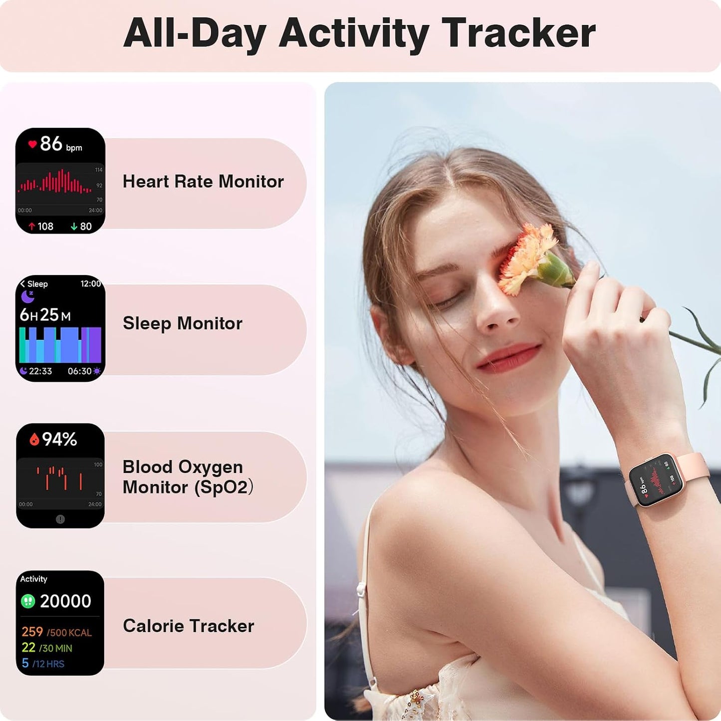 Fitpolo Smart Watches for Women, 1.8'' HD Women Smartwatch with Alexa Built-in, Bluetooth Calls, IP68 Waterproof, 7 Days Battery, Heart Rate/Sleep/SpO2 Monitor, 110 Sports Mode