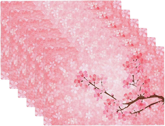 Pink Cherry Blossoms Placemats Set of 6 Floral Branch Asian Japanese Style Place Mats Spring Flower Rectangular Linen Table Mat for Party Kitchen Dining Indoor Outdoor Decoration 12x18 Inch