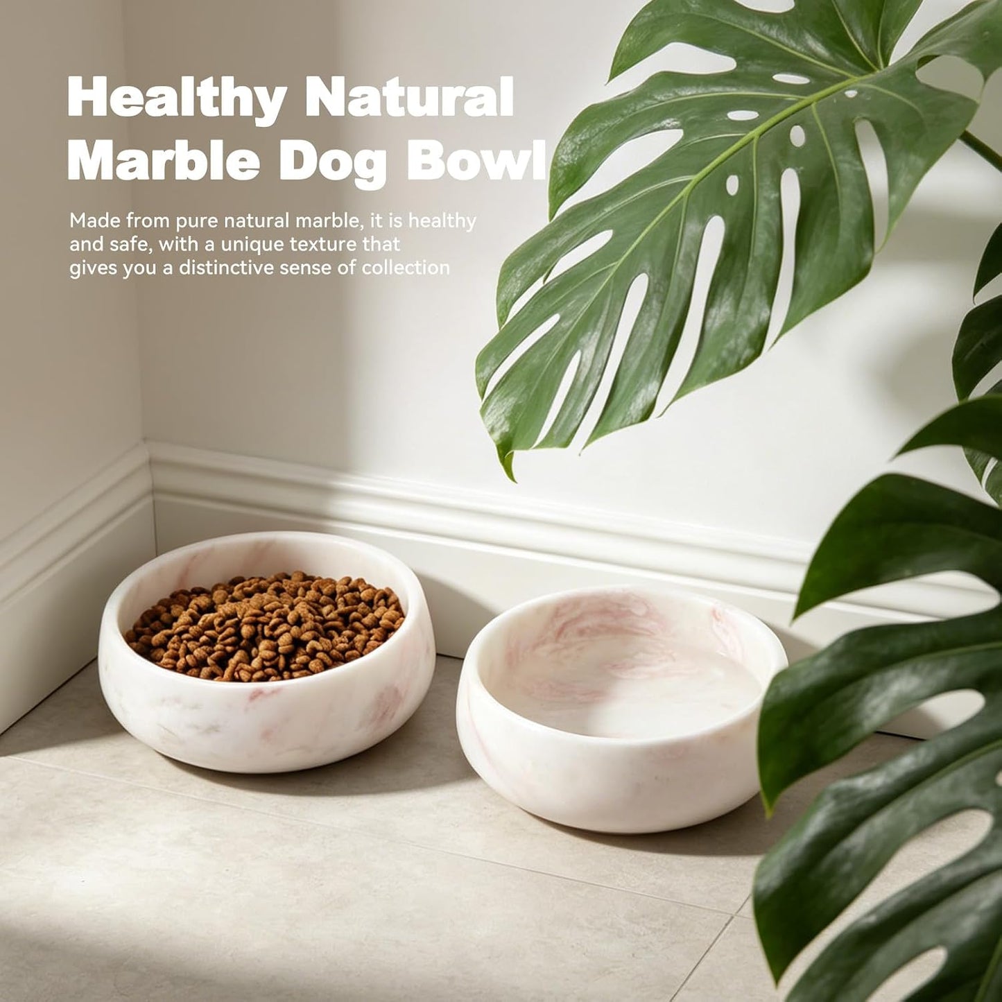 Karibiber Marble Dog Bowl, 5lbs Weighted Dog Food Bowl, Non-Slip Large Heavy Water Bowls, Cute Pink Stone Food and Water Dish for Medium Dogs, Natural Marble, Easy to Clean, Holds 4 Cups
