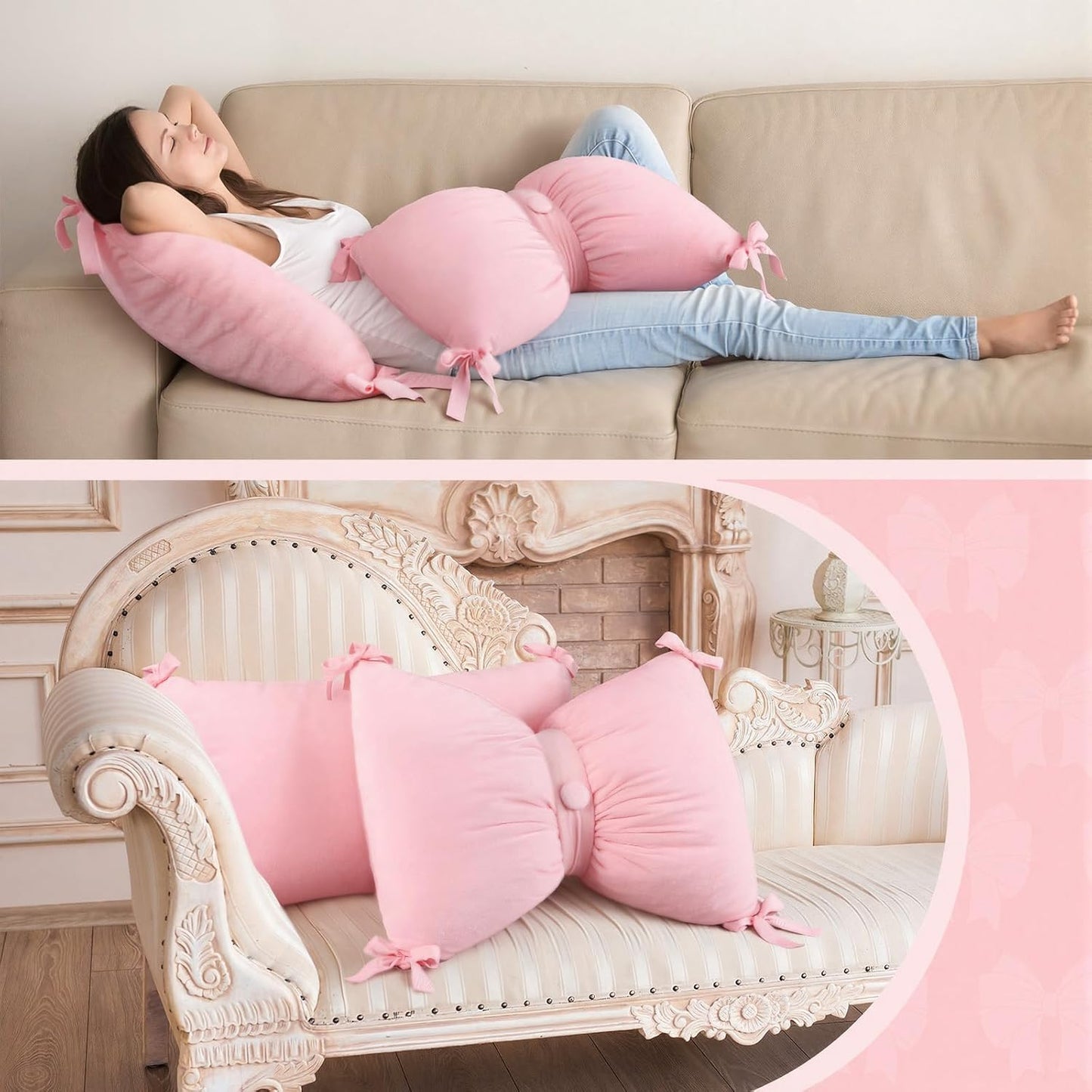 Newwiee 2 Pcs Valentines Pink Velvet Bow Pillow Covers 14 x 20 Inch Pink Throw Pillow Cover Soft Velvet Cushion Cases Aesthetic Cushion Cases for Women Room Bed Sofa Couch Valentines Decor