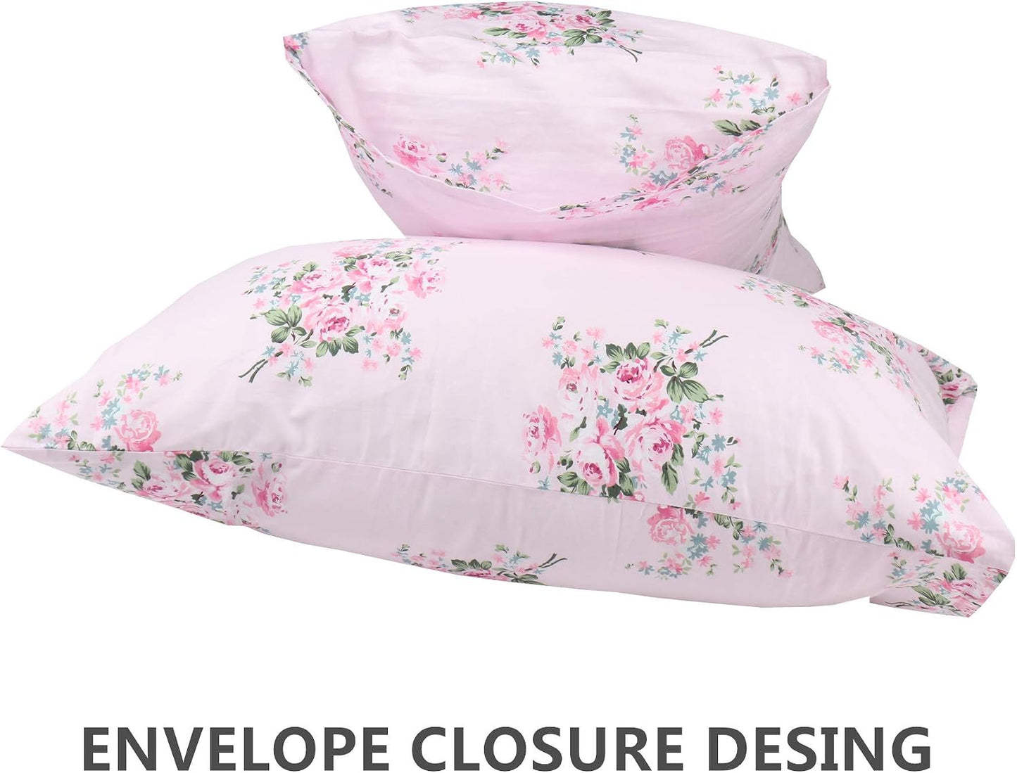 2 Pack Pink Floral Pillowcase Standard Size, 100% Cotton 600 Thread Count Pillow Covers, 20x30 Inches