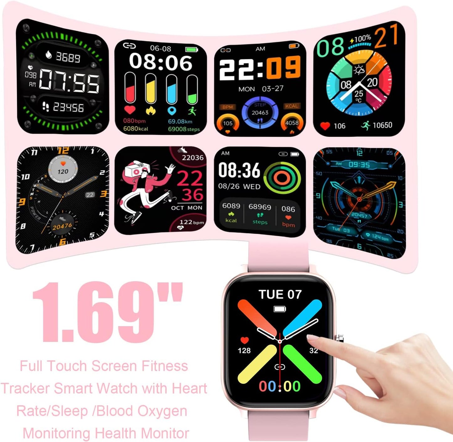 Smart Watch for Men Women Compatible with iPhone Samsung Android Phone 1.69 inch Full Touch Screen IP68 Waterproof Bluetooh Fitness Tracker Heart Rate/Sleep Monitor (Pink)