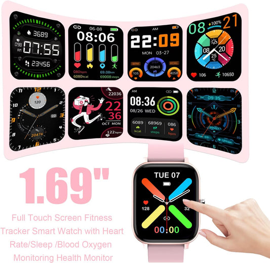 Smart Watch for Men Women Compatible with iPhone Samsung Android Phone 1.69 inch Full Touch Screen IP68 Waterproof Bluetooh Fitness Tracker Heart Rate/Sleep Monitor (Pink)
